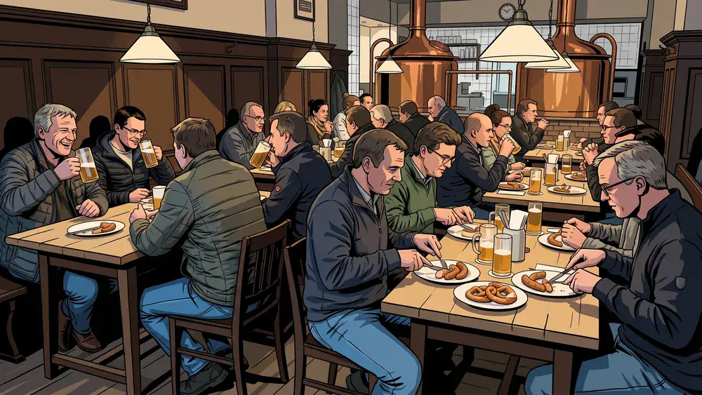 Brauhaus in Bielefeld – Kollegen trinken Hausbier an langen Tischen mit Kupferkesseln im Hintergrund