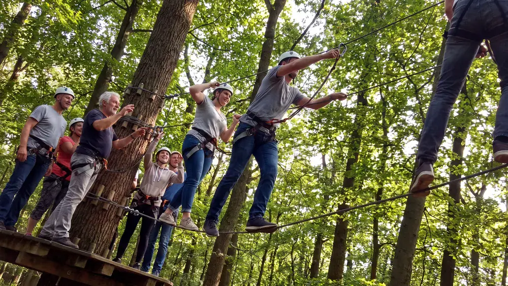 Kletterpark am Johannisberg in Bielefeld – Kollegen klettern gemeinsam im Hochseilgarten durch den Wald