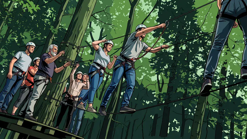 Kletterpark am Johannisberg in Bielefeld – Kollegen klettern gemeinsam im Hochseilgarten durch den Wald
