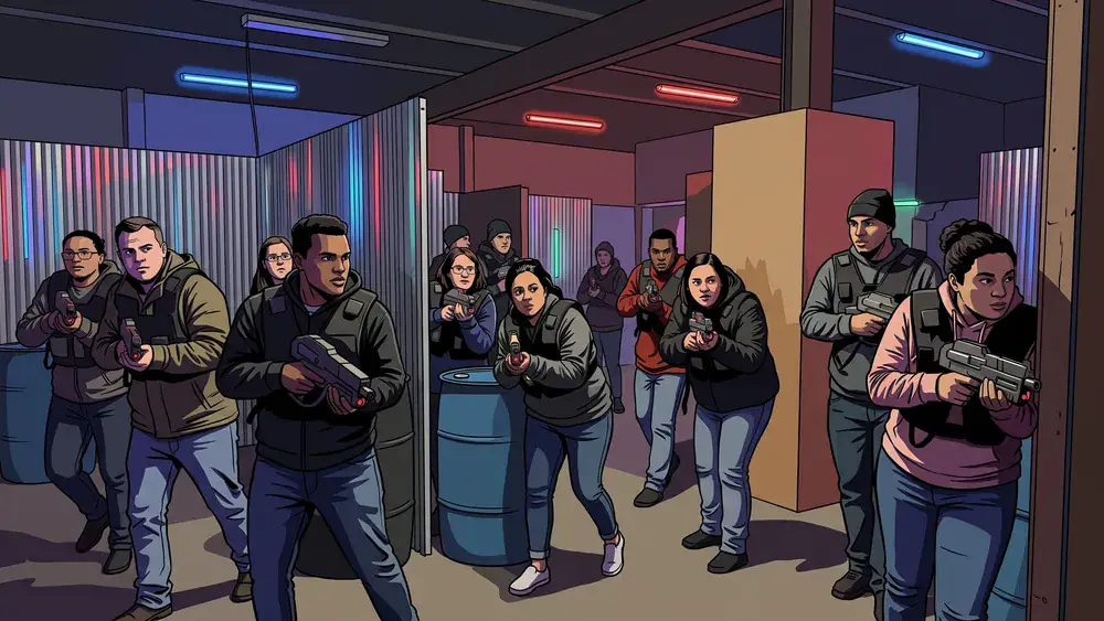 Lasertag in Bielefeld – Kollegen in taktischen Westen spielen in einer dunklen Neon-Arena