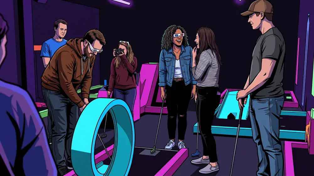 Schwarzlicht Minigolf in Bielefeld – Kollegen spielen mit 3D-Brillen Minigolf in leuchtender Neonwelt