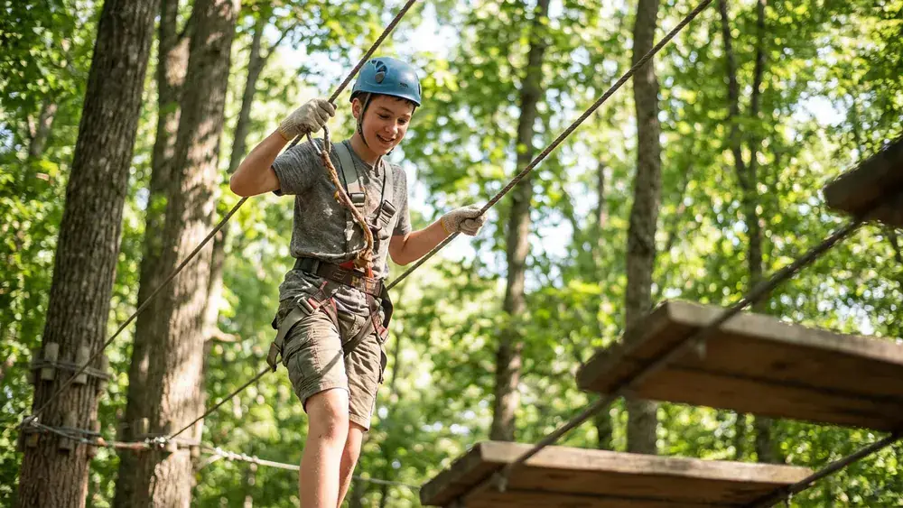 Kletterpark Johannisberg in Bielefeld – Schüler klettert auf dem Hochseilparcours zwischen den Bäumen