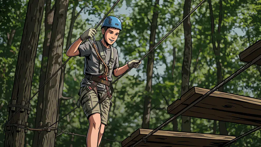 Kletterpark Johannisberg in Bielefeld – Schüler klettert auf dem Hochseilparcours zwischen den Bäumen