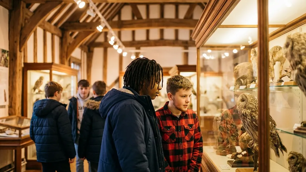 Naturkunde-Museum namu in Bielefeld – Schüler vor einer Vitrine mit Präparaten