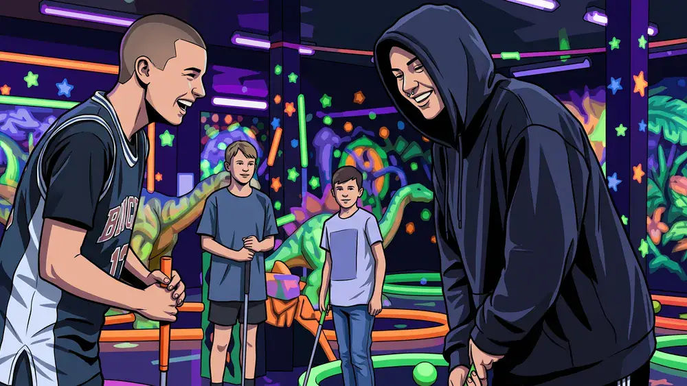 GolfZone Schwarzlicht Minigolf in Bielefeld – Schüler spielen Minigolf im Neonlicht