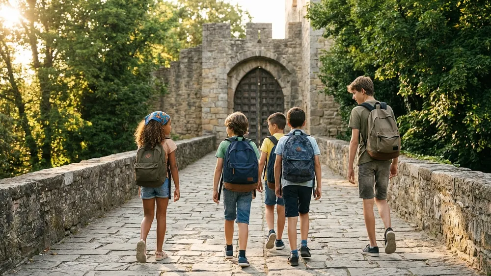 Sparrenburg in Bielefeld – Schulklasse auf dem Weg zur Burganlage