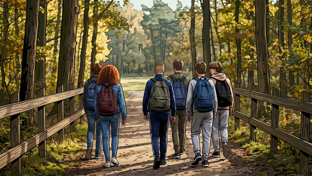 Heimat-Tierpark Olderdissen in Bielefeld – Schulklasse auf dem Waldweg zwischen den Gehegen