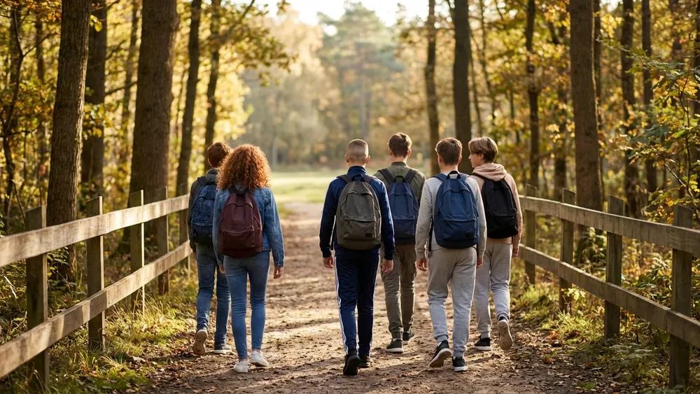Heimat-Tierpark Olderdissen in Bielefeld – Schulklasse auf dem Waldweg zwischen den Gehegen