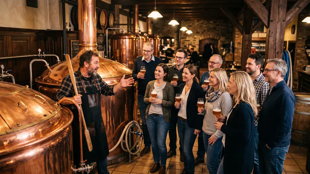 Brauereiführung in Bielefeld – Kollegen zur Weihnachtsfeier an Kupferkesseln mit Brauer im Joh. Albrecht Brauhaus