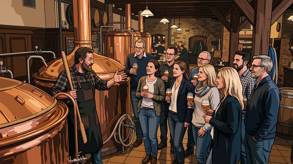 Brauereiführung in Bielefeld – Kollegen zur Weihnachtsfeier an Kupferkesseln mit Brauer im Joh. Albrecht Brauhaus