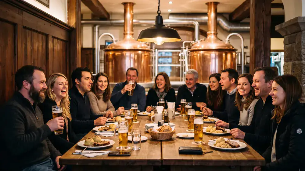 Brauhaus in Bielefeld – Kollegen trinken zur Weihnachtsfeier Bier an langen Tischen mit Kupferkesseln im Hintergrund in der Altstadt