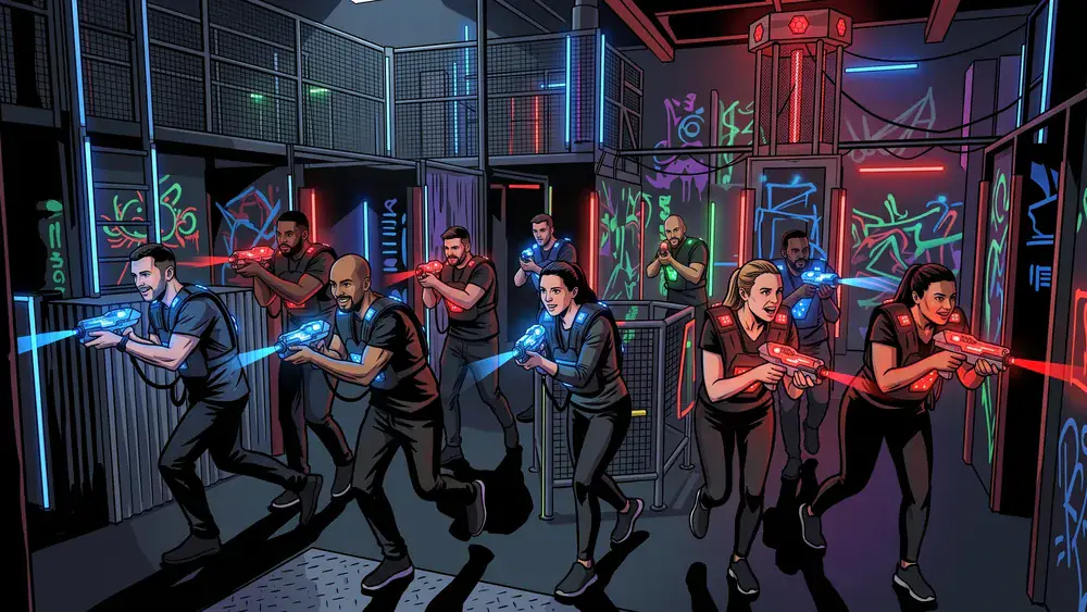 Lasertag in Bielefeld – Kollegen in taktischen Westen spielen zur Weihnachtsfeier in einer dunklen Neon-Arena