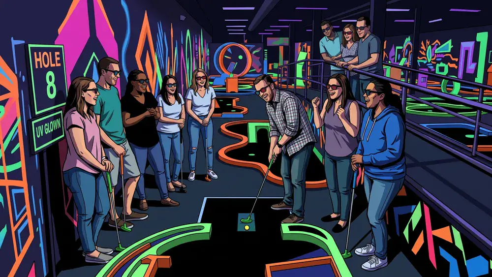 Schwarzlicht Minigolf in Bielefeld – Kollegen spielen zur Weihnachtsfeier mit 3D-Brillen Minigolf in leuchtender Neonwelt