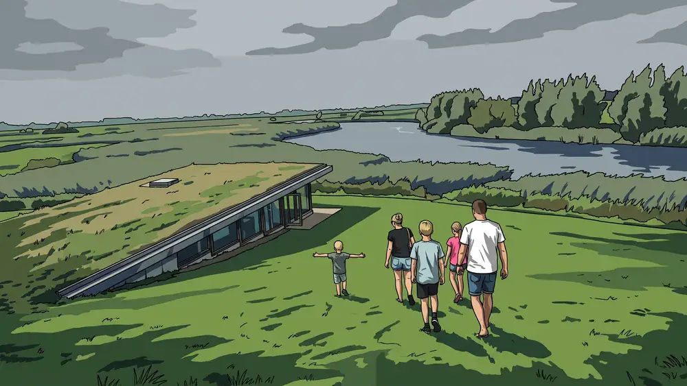 Bezoekers lopen over het grasdak van het Biesbosch MuseumEiland bij Werkendam