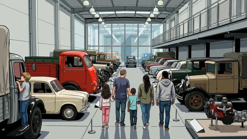 Bezoekers lopen langs de rijen historische vrachtwagens in het DAF Museum in Eindhoven