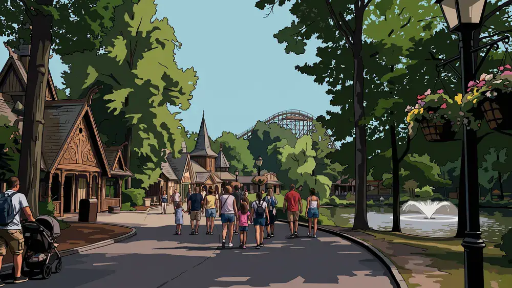 Bezoekers lopen over een pad tussen de bomen en themagebouwen in de Efteling