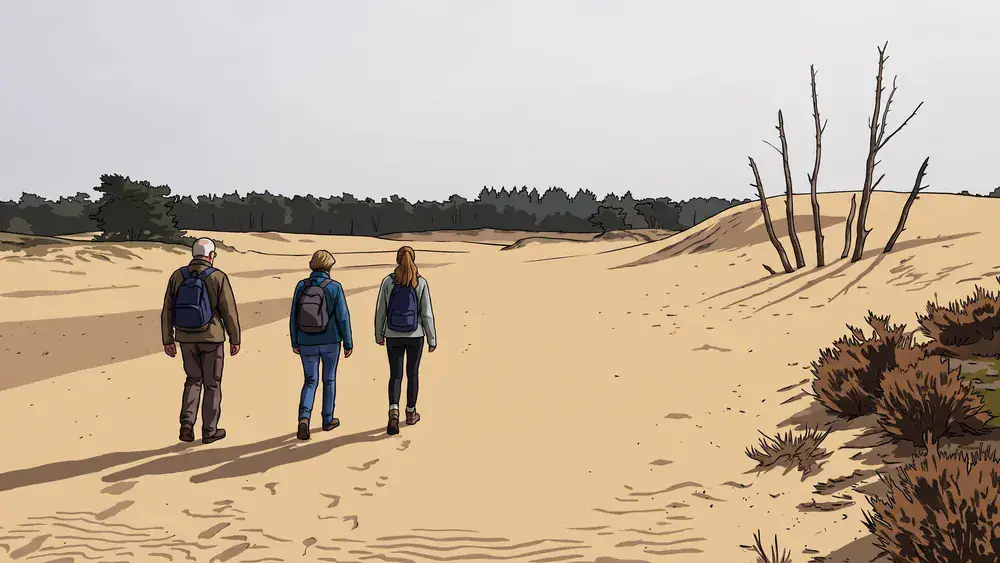 Wandelaars steken de stuifzandvlakte van de Loonse en Drunense Duinen over