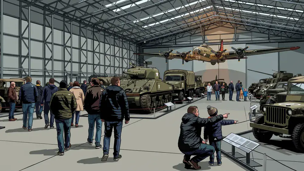 Bezoekers lopen tussen de militaire voertuigen in de grote hal van het Oorlogsmuseum Overloon