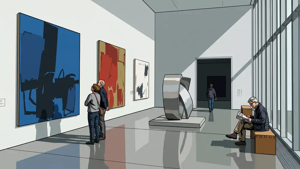 Bezoekers bekijken de hedendaagse kunst in een lichte zaal van het Van Abbemuseum