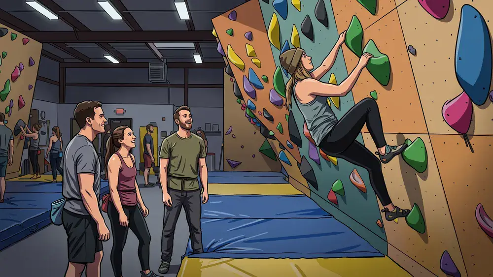 Greifhaus Boulderhalle in Braunschweig - Erwachsene klettern an bunten Griffen