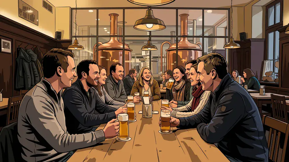 Schadt's Brauerei Braunschweig - Erwachsene trinken hausgebrautes Bier an langen Tischen vor sichtbaren Kupferkesseln