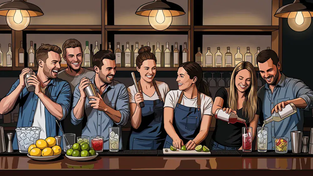Cocktailkurs in Braunschweig - Erwachsene mixen Cocktails hinter einer Bar
