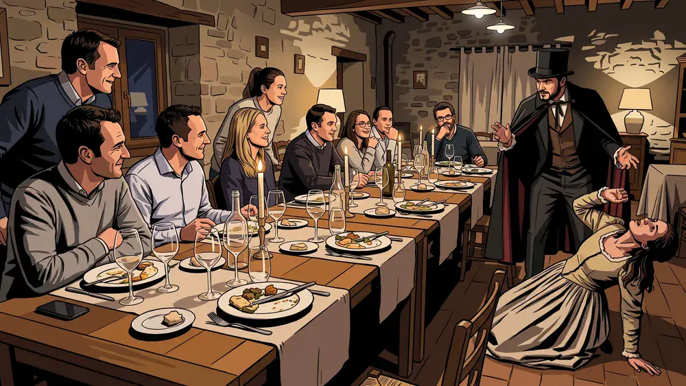 Krimidinner in Braunschweig - Erwachsene verfolgen am gedeckten Tisch eine Krimi-Aufführung