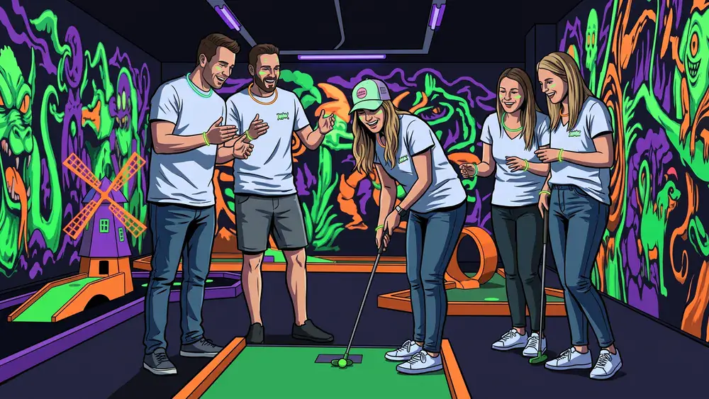 Schwarzlichtlöwen Minigolf in Braunschweig - Erwachsene spielen Minigolf unter UV-Licht