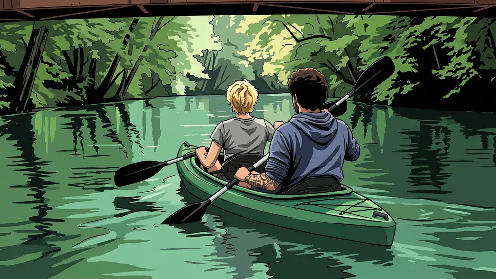 Bootsverleih auf der Oker in Braunschweig – zwei Personen paddeln im Kajak durch grüne Ufer