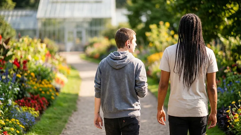 Botanischer Garten der TU Braunschweig – zwei Personen spazieren zwischen Blumenbeeten