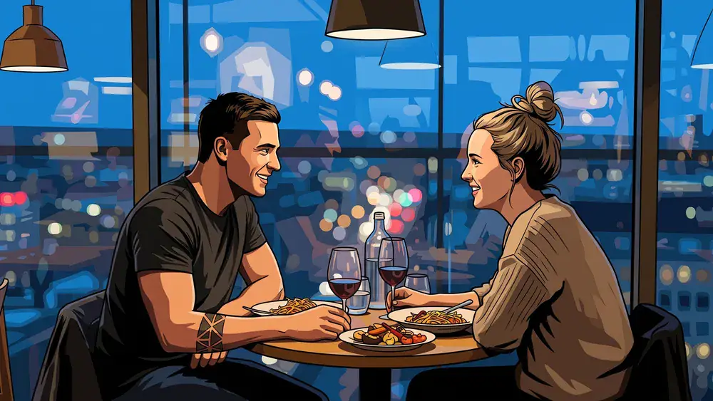 Überland Restaurant in Braunschweig – zwei Personen beim Abendessen mit Blick über die Stadt