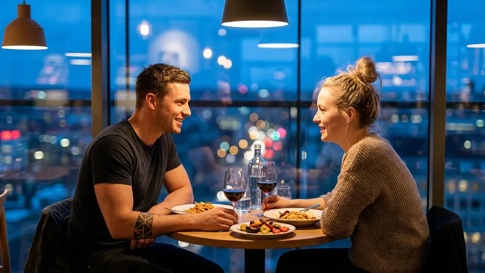 Überland Restaurant in Braunschweig – zwei Personen beim Abendessen mit Blick über die Stadt