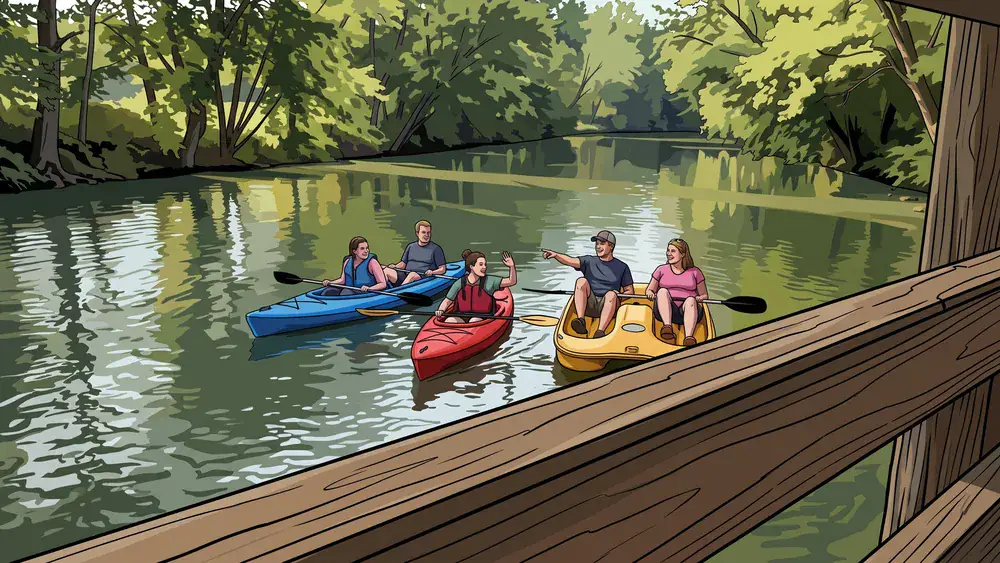 Bootsverleih auf der Oker in Braunschweig – Kollegen paddeln in mehreren Kajaks durch grüne Ufer