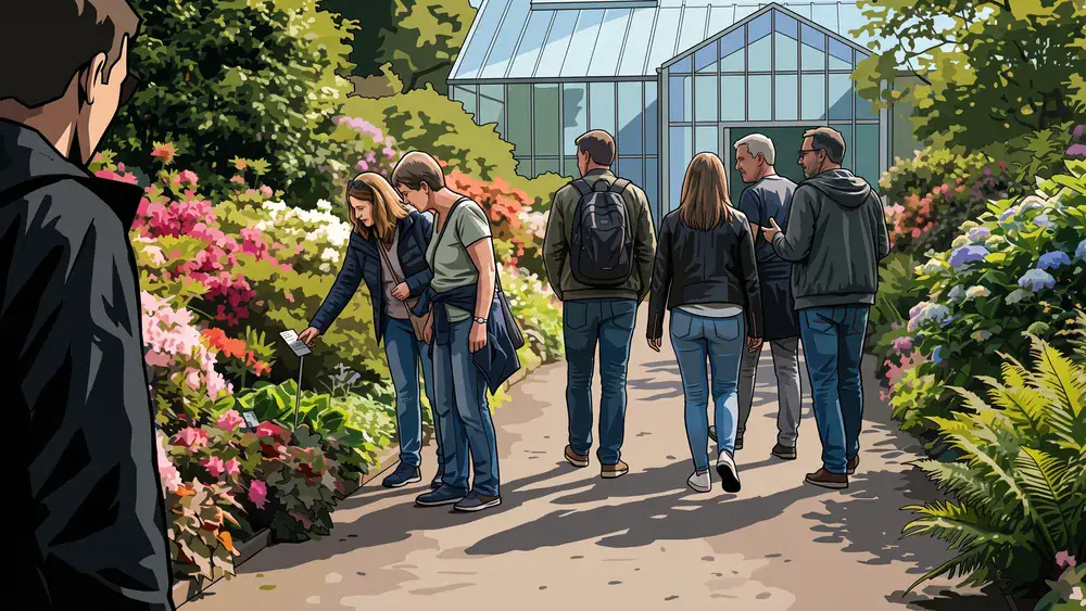 Botanischer Garten der TU Braunschweig – Kollegen spazieren zwischen Blumenbeeten