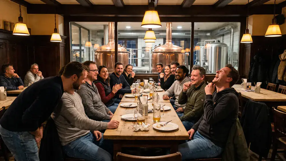 Schadt's Brauerei in Braunschweig – Kollegen trinken hausgebrautes Bier an langen Tischen vor sichtbaren Kupferkesseln
