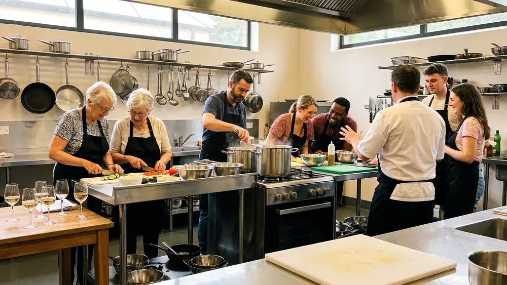 Kochkurs in Braunschweig – Kollegen kochen gemeinsam in einer hellen Kochschule in Riddagshausen