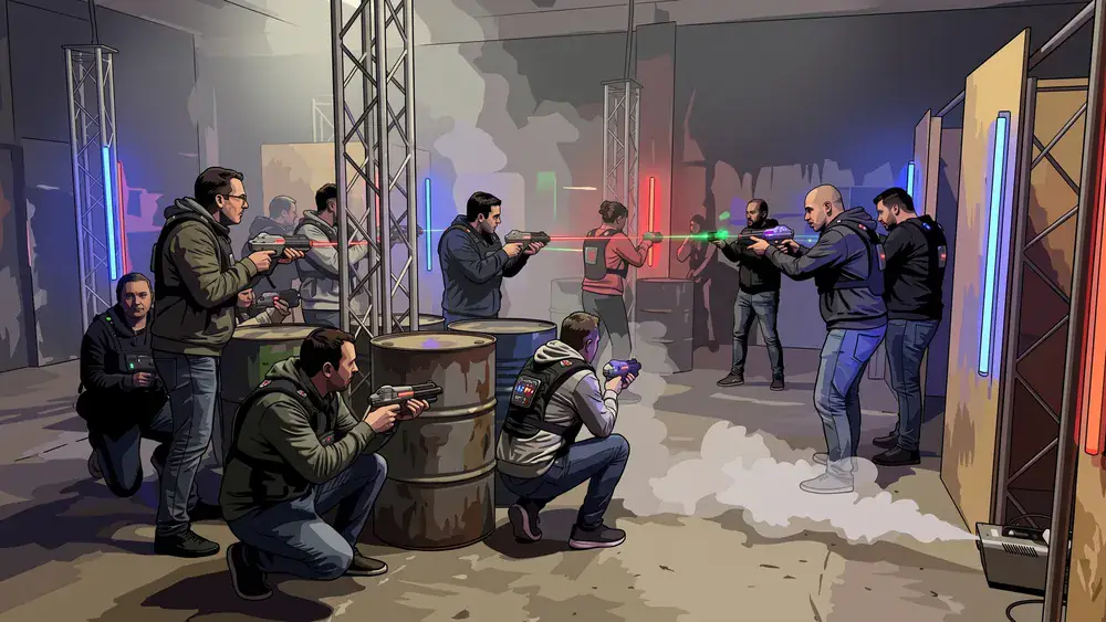 Lasertag in Braunschweig – Kollegen mit Sensorwesten spielen in einer dunklen Neon-Arena