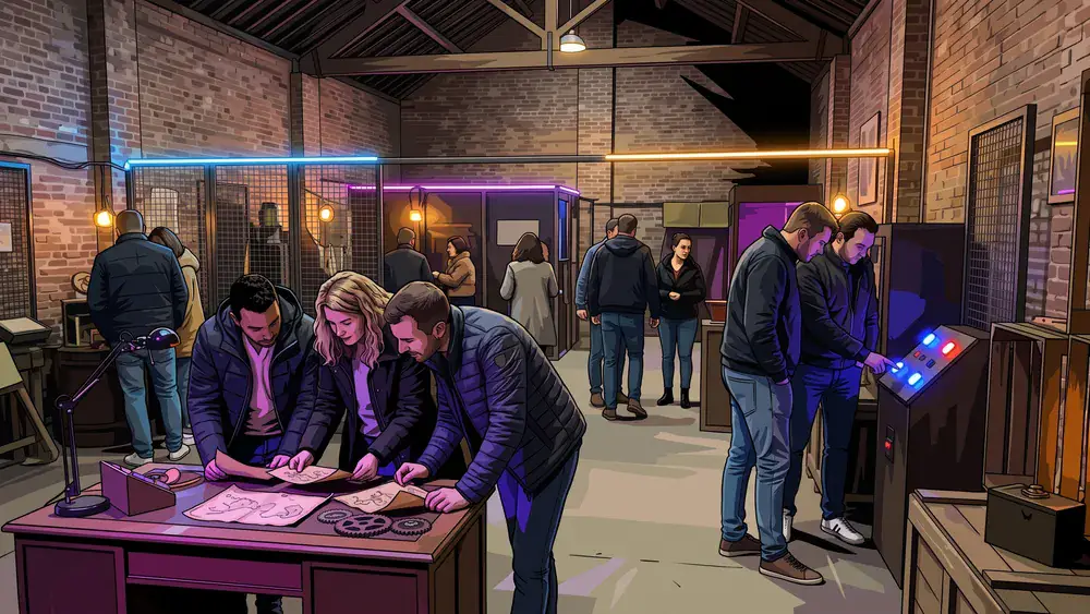 Mind Arena in Braunschweig – Kollegen lösen Rätsel an mehreren beleuchteten Stationen in einer großen Escape-Game-Halle