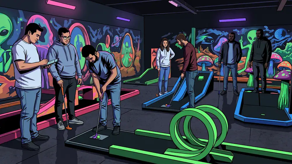 Schwarzlicht Minigolf in Braunschweig – Kollegen spielen Minigolf unter UV-Licht zwischen leuchtenden Graffiti-Wänden