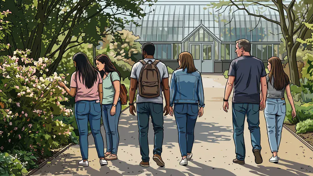 Botanischer Garten der TU Braunschweig – Gruppe spaziert zwischen Blumenbeeten