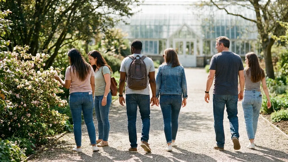 Botanischer Garten der TU Braunschweig – Gruppe spaziert zwischen Blumenbeeten
