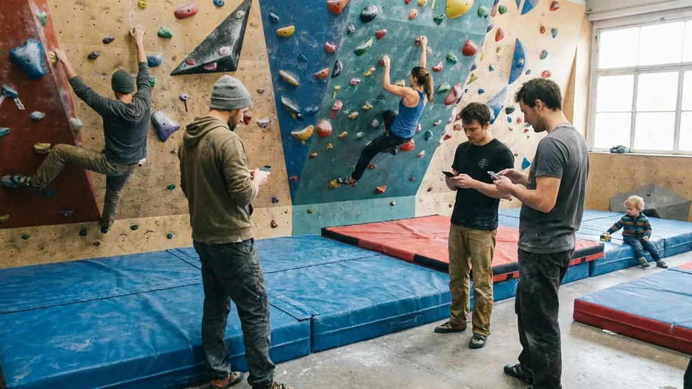 Greifhaus Boulderhalle in Braunschweig – Gruppe klettert an bunten Griffen