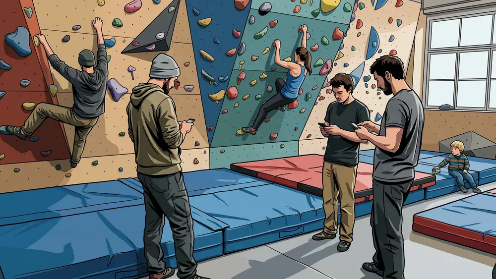 Greifhaus Boulderhalle in Braunschweig – Gruppe klettert an bunten Griffen