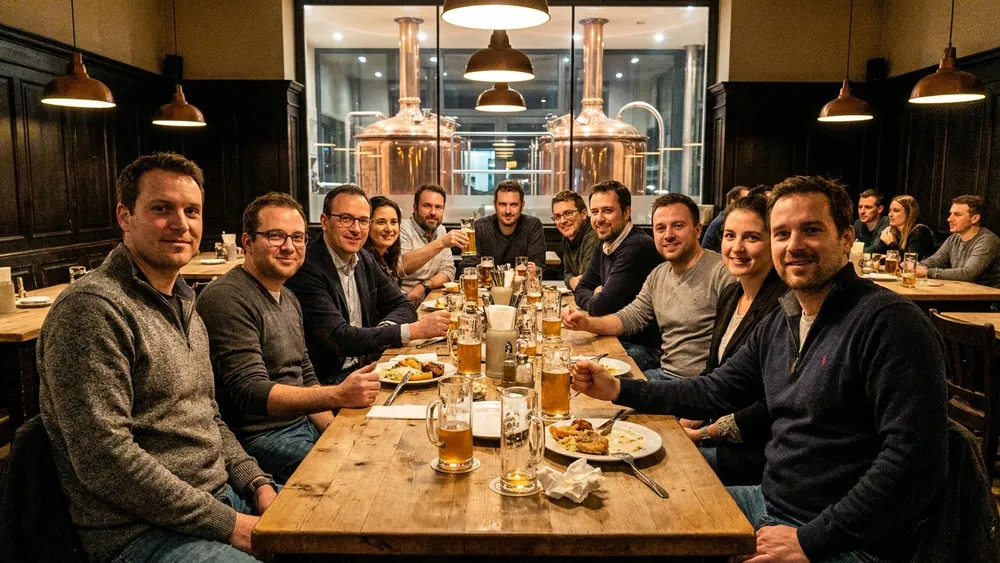 Schadt's Brauerei Braunschweig – Gruppe trinkt hausgebrautes Bier an langen Tischen vor sichtbaren Kupferkesseln