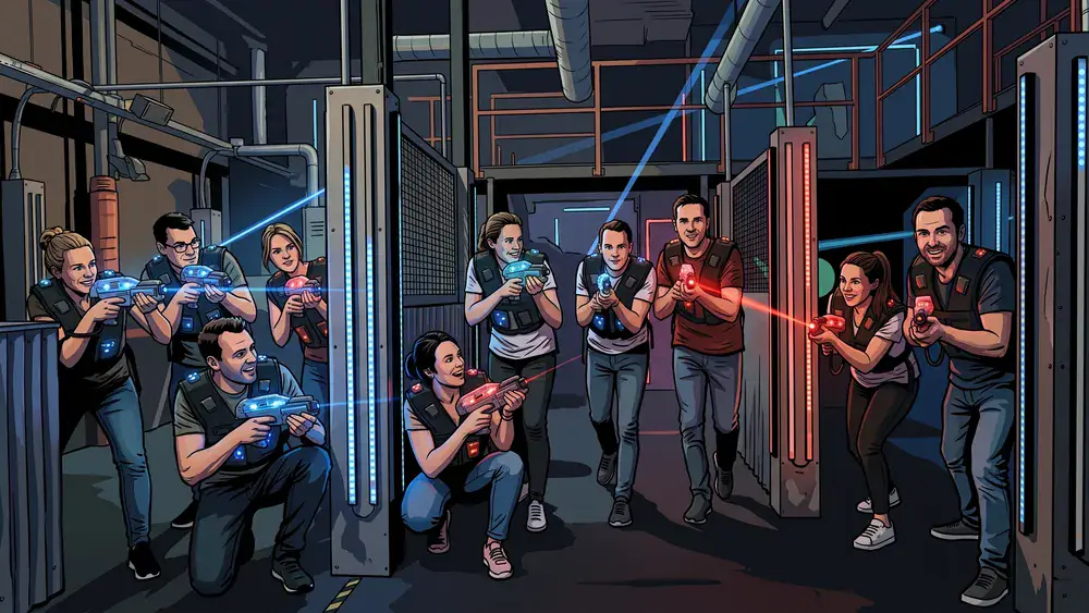 Lasertag in Braunschweig – Gruppe mit Sensorwesten spielt in einer dunklen Neon-Arena