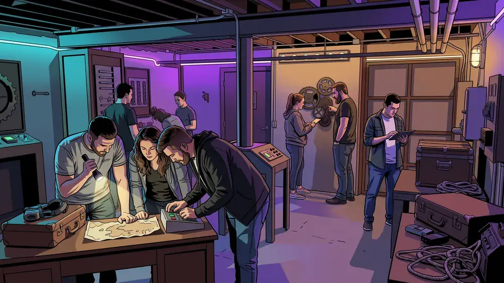 Mind Arena in Braunschweig – Gruppe löst Rätsel an mehreren beleuchteten Stationen in einer großen Escape-Game-Halle