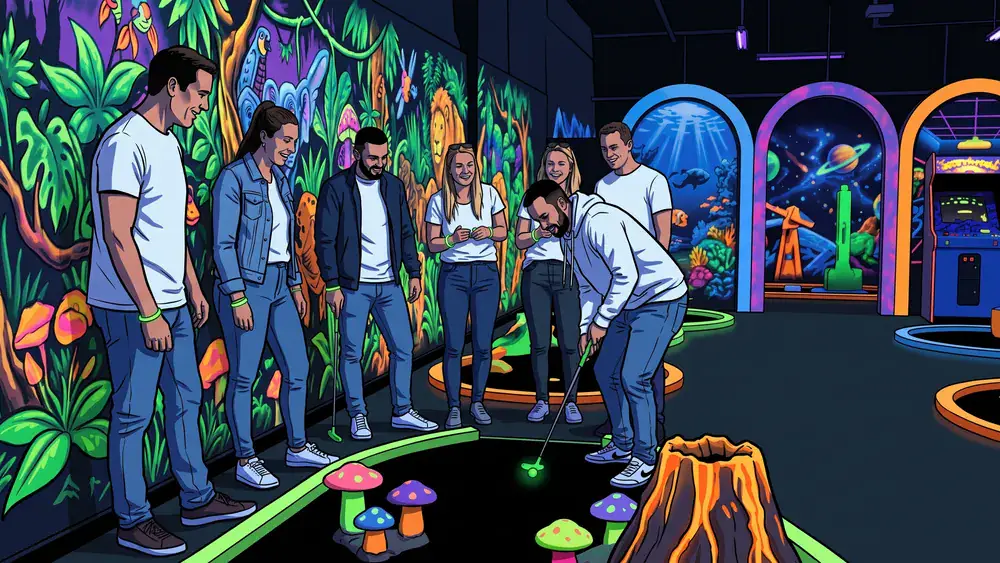 Schwarzlicht Minigolf in Braunschweig – Gruppe spielt Minigolf unter UV-Licht zwischen leuchtenden Graffiti-Wänden