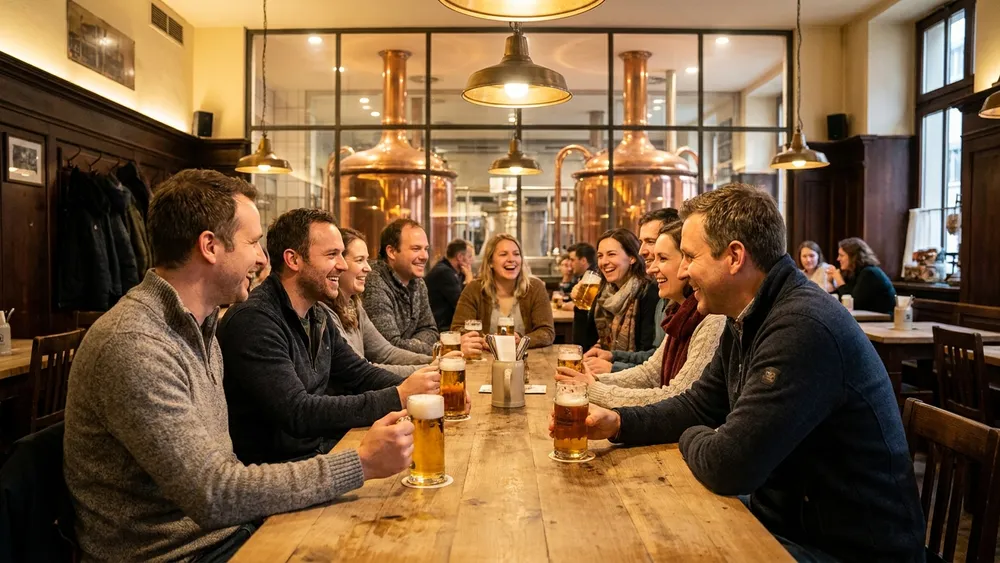 Schadt's Brauerei Braunschweig - Erwachsene trinken hausgebrautes Bier an langen Tischen vor sichtbaren Kupferkesseln