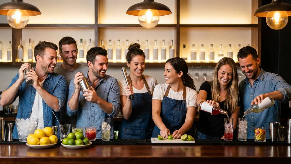 Cocktailkurs in Braunschweig - Erwachsene mixen Cocktails hinter einer Bar