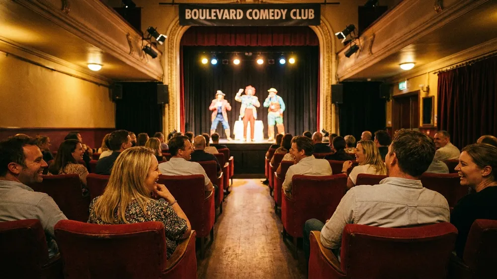 Komödie am Altstadtmarkt in Braunschweig - Erwachsene sitzen im Theater vor beleuchteter Bühne